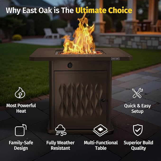 EAST OAK 32" Outdoor Propane Fire Pit Table | 50,000 BTU Gas Fire Pit Table for Outside with Magnetic Lid | Storage Basket & Lava Rocks | CSA Certified for Patio, Garden & Backyard | Brown