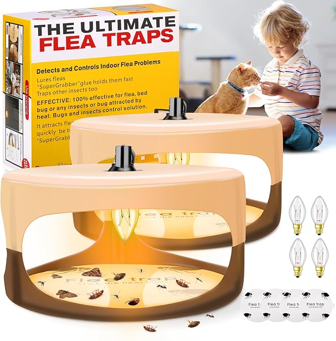 Flea Trap for Inside Your Home, Flea Light Traps with 2 Glue Discs Odorless Natural Fleas Killer Trap Pad Bed Bug Traps Light Bulb Pest Control for Home House Inside, Safe for Children Pet Dog Cat