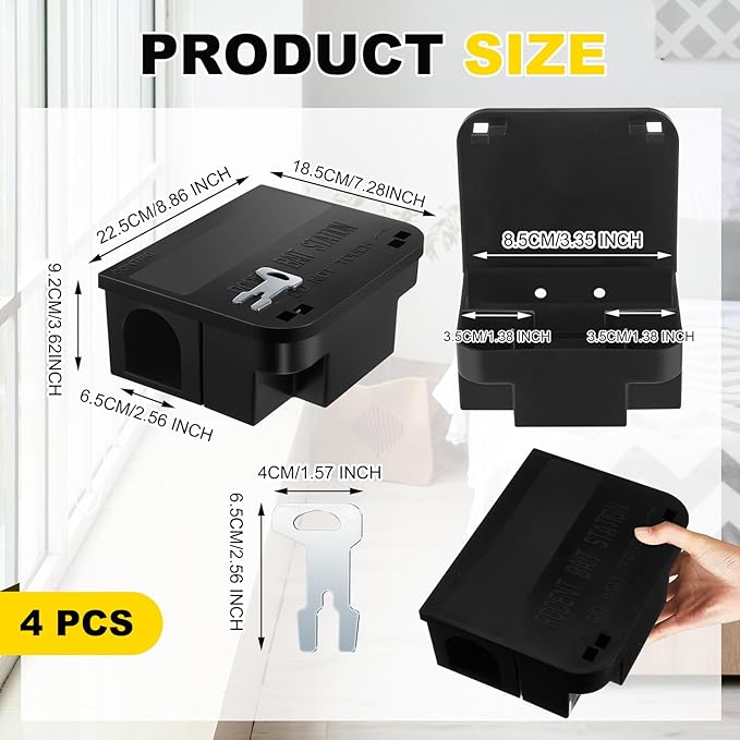Qualirey 4 Pcs Rat Bait Station 8.86 x 7.28 x 3.62 Inches Rat Traps with Openable Lid, Blocks Boxes with Keys for Big Mouse, Keeps Children and Pets Safe Indoor & Outdoor, Bait Not Included (Black)