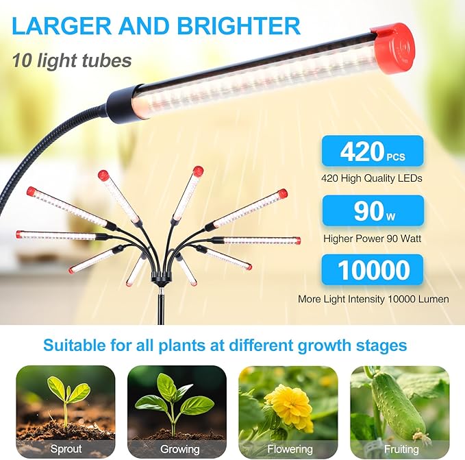 10-Head Grow Light with Stand and Timer, 90 Watt Power Home Plug LED Grow Lights for Indoor Plants for Tall Houseplants, Bonsai Tree, Seed Starting, 24"-64" Adjustable Height