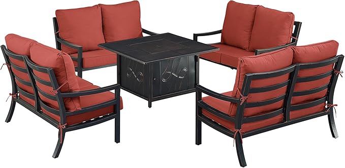 Oakland Living Black Aluminum Patio Fire Table Set with Four Deep Seating Loveseat with Cushions with Red Cushions