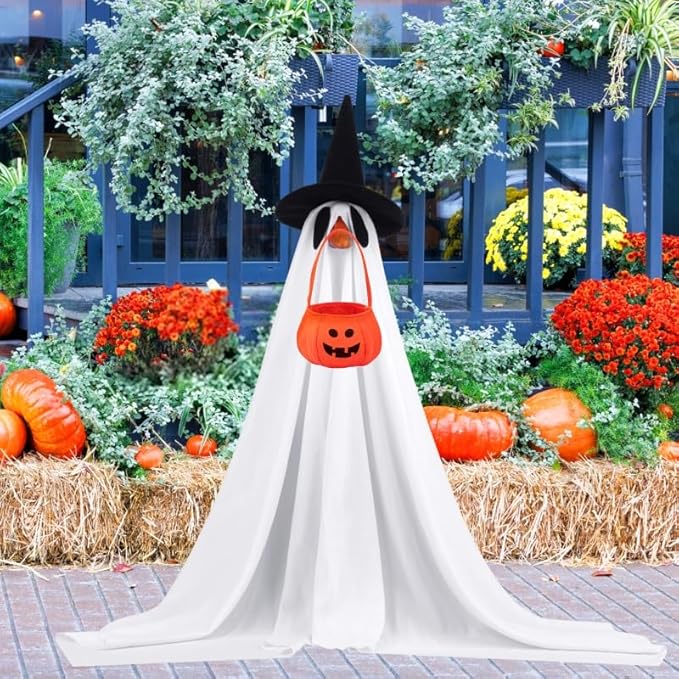 4 Pcs Halloween Porch Goose Outfits Ghost with Accessories Yard Garden Lawn Goose Clothes for Plastic Cement Goose Statue 23" Fall Ghost Porch Goose Costume Set for Patio Outdoor Decoration