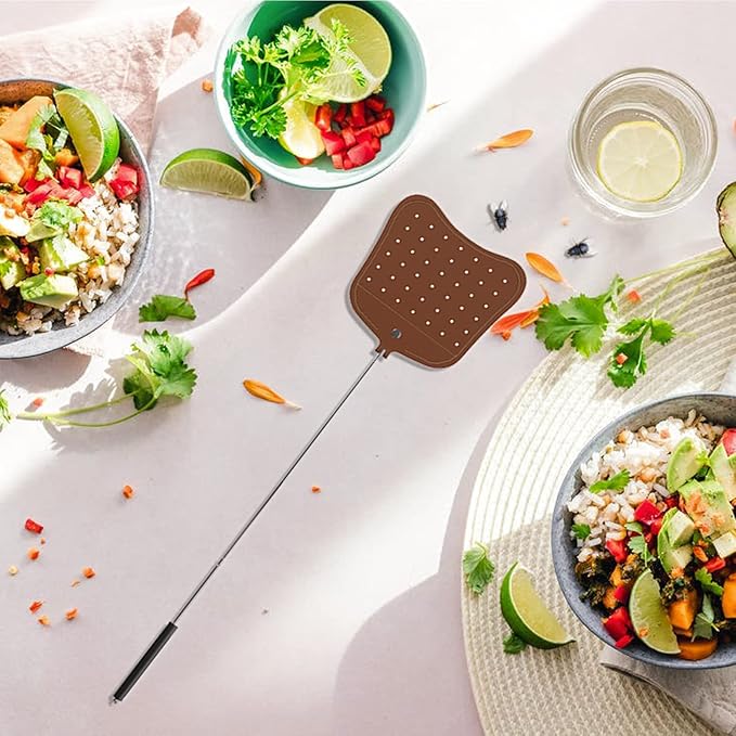 Foxany Leather Fly Swatter, Telescopic Fly Swatters Heavy Duty, Flexible Manual Flyswatters Set, Extendable Swatter with Stainless Steel Handle for Indoor Outdoor