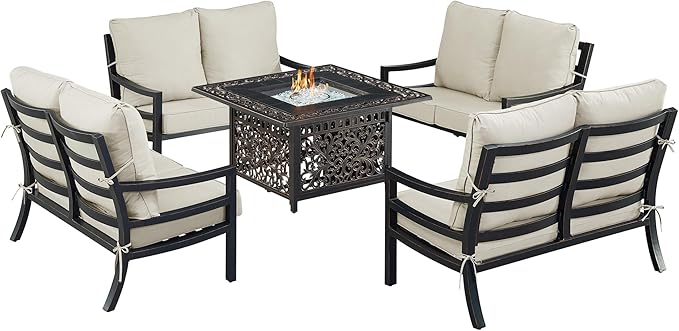 Oakland Living Black Aluminum Patio Fire Table Set with Four Deep Seating Loveseat with Cushions with Light Grey Cushions