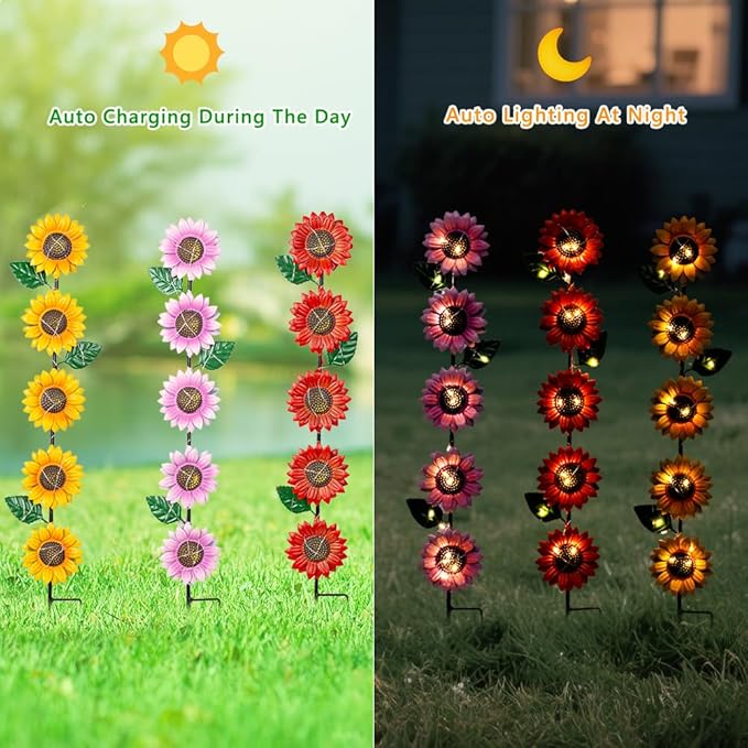 Solar Garden Stakes Lights,3 Pack Metal Sunflowers for Outside,Waterproof Solar Decorative Garden Stakes,Metal Spring Yard Art Decor Lights for Patio Pathway Backyard Porch Lawn(22.6 * 4.7IN)