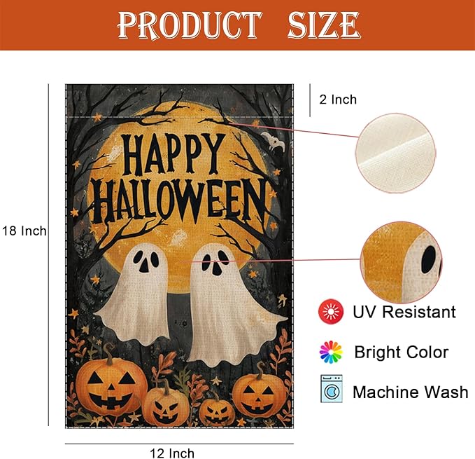 Happy Halloween Garden Flag Ghost Welcome Small Flags for Outside, 12x18 Inch Moon Jack O Lantern Pumpkin Double Sided Burlap Holiday Fall Banner Yard Outdoor Decoration