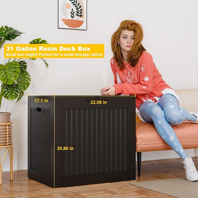 31 Gallon Wicker Pattern Resin Deck Box, Lockable Patio Outdoor Storage Box for Furniture, Garden Tools and Tools Storage, Waterproof Outside Storage Box - Black