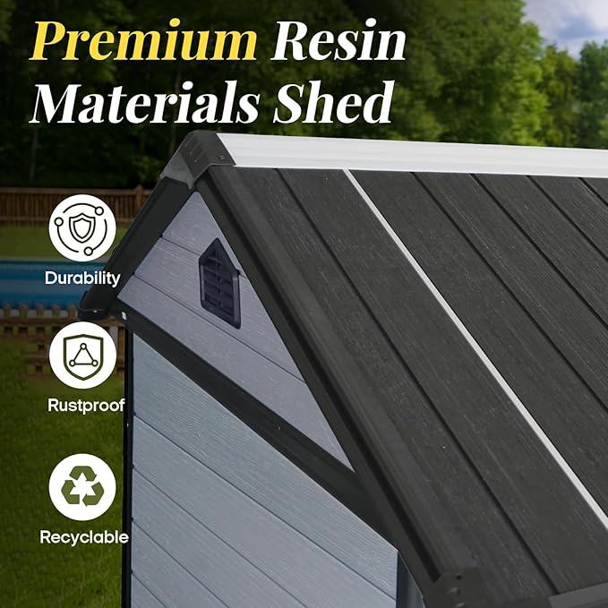 8x6 FT Resin Storage Sheds Outdoor with Floor Included, Plastic Sheds & Outdoor Storage Clearance with 2 Windows and Lockable Door, Backyard Storage Sheds for Bike, Garden Tools, Black+Grey