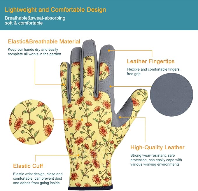 Bamllum Leather Gardening Gloves for Women - Working Gloves for Weeding, Digging, Planting, Raking and Pruning