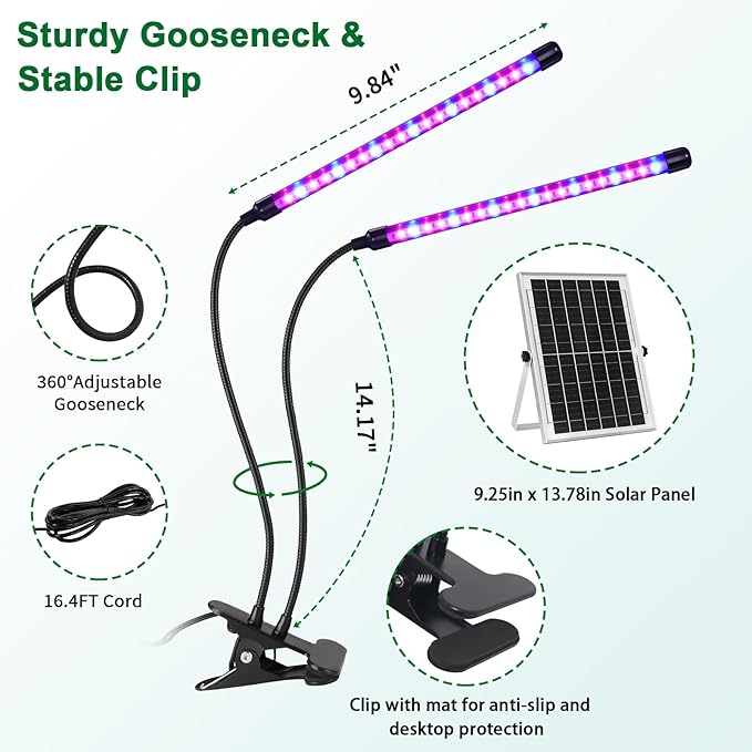 Auzev Solar Plant Grow Light Solar Clip On LED Growing Lamps for Indoor Plants Growth, with 16.4FT Cable, 3/6/9H Timer, 3 Spectral Modes, Flexible Gooseneck, Dimmable, Run Day/Night
