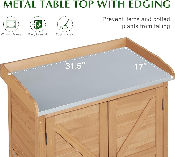 Outdoor Storage Cabinet & Potting Bench Table with Metal Top (Light Brwon, 39x31.5x17in)