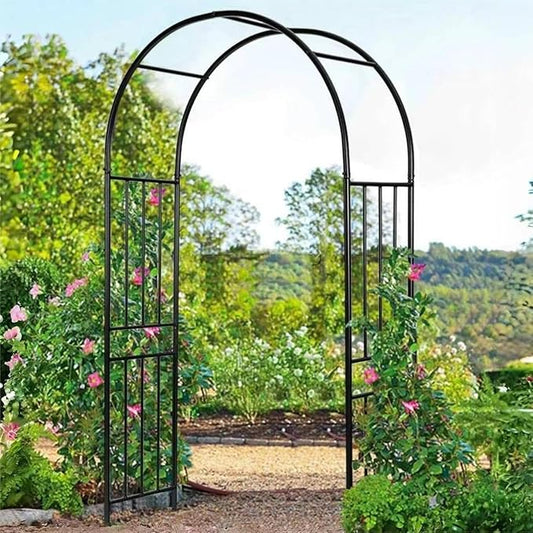 LDAILY Moccha Garden Arch Arbor Trellis, 7.2Ft Outdoor Steel Arbor with Stakes, Metal Archway for Climbing Plants, Wide Sturdy Garden Arch for Lawn, Party, Ceremony Wedding Decoration, Black