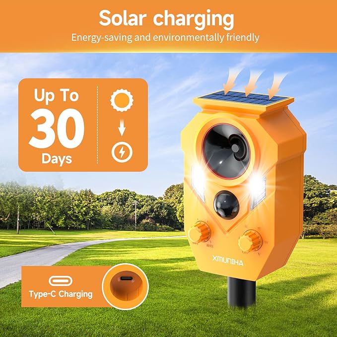 Solar Ultrasonic Animal Repellent Outdoor, Deer Repellent for Yard with RIP Sensor, IP65 Waterproof Squirrels Repeller, Effective Deterrent Cat, Raccoons, Skunks, Rabbits - Orange