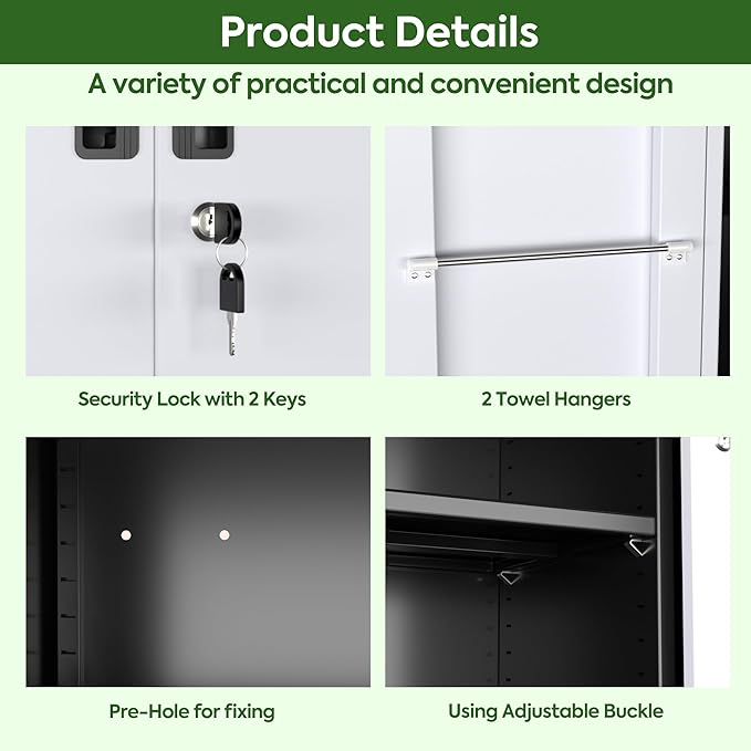 Broom Closet Storage Cabinet with Wheels and Pegboard,Metal Garage Storage Cabinet with Doors and Adjustable Shelves for Garage Home Office,Required Assembly,Black and White