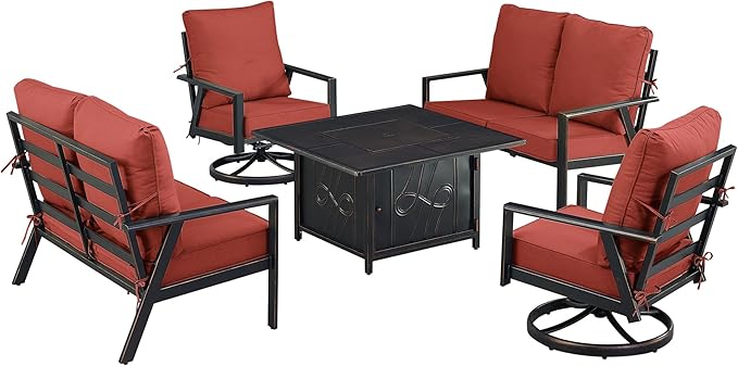 Oakland Living Black Aluminum Patio Fire Table Set with Two Deep Seating Loveseat with Cushions and Two Club Chairs with Red Cushions