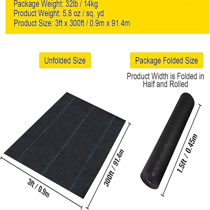 Woven Landscape Fabric 5.8oz, 3 x 300FT Weed Fabric Barrier, Double Layer, Garden Fabric Weed Barrier, Weed Control Fabric Ground Cover, Gardening Mat for Garden Beds, Landscaping