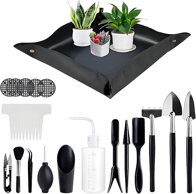 Garden Hand Tools, Indoor Plant Tools Set - Plant Repotting Mat Kit,Mini Garden Transplanting Tools for Indoor Outdoor Miniature Fairy Flower Plant Care (28PCS Black Set)