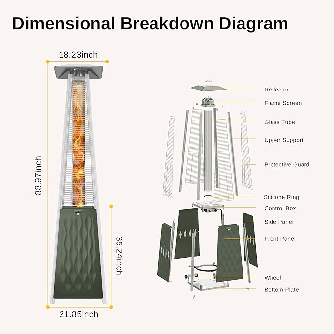 EAST OAK Pyramid Patio Heater, 48,000 BTU Outdoor Patio Heater, Quartz Glass Tube Propane Heater, Triple Protection System, With Wheels, Outdoor Heater for Commercial & Residential, Green