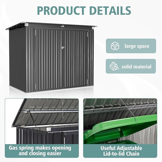 80 Cu. Ft Outdoor Trash Can Shed with Pneumatic Support Rod, 5x3 Ft Outdoor Storage Shed w/Lockable Doors & Waterproof Lid Chain, for Patio/Garden/Backyard