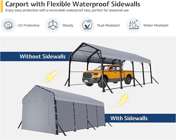 Jocisland 12x20x10.5 FT Metal Carport with Removable Waterproof Sidewalls, Heavy Duty Carport with Upgraded Steel Reinforcements for All-Weather, Car Port for Car, Boat, Equipment Storage