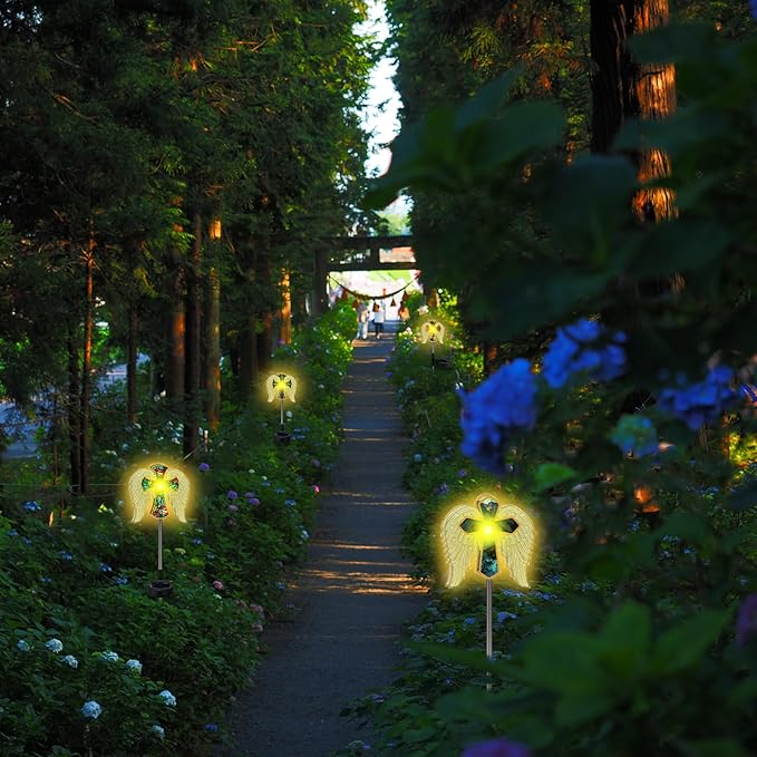 Retisee 4 Pack Halloween Decoration Cross Angel Wings Solar Lights for Outdoor Memorial Solar Lights for Graves Lighted for Halloween Christmas Garden Lawn Porch Yard Patio Waterproof Decor