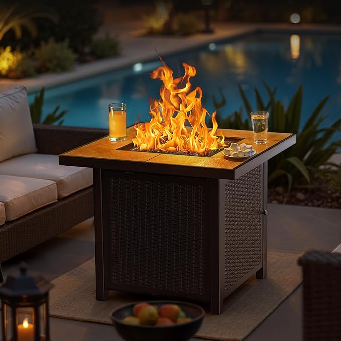 BALI OUTDOORS Propane Gas Fire Pit Table 32 inch 50,000 BTU Square Gas Firepits for Outside, Brown