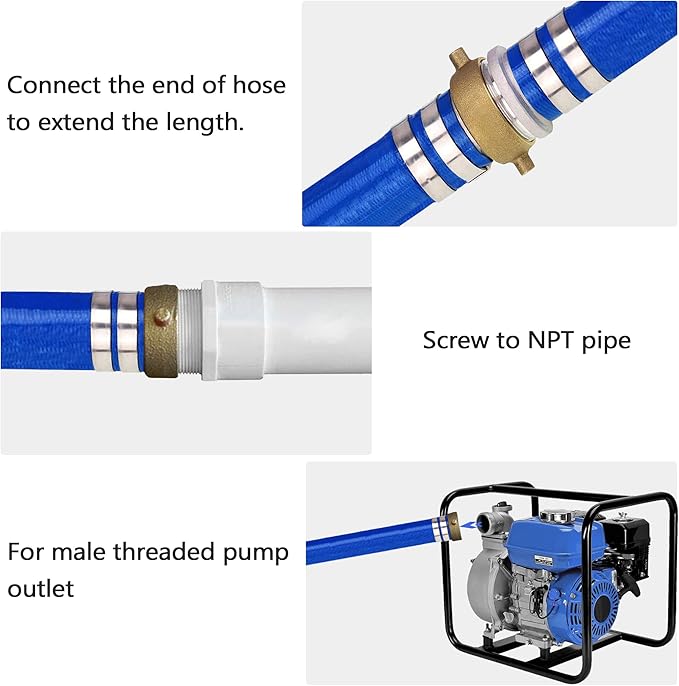 DAVCO 3" ID × 50 ft Pool Backwash Hose, Heavy Duty Reinforced Blue PVC Lay Flat Water Discharge Pump Hoses For Swimming Drain Pools and Clean Filters, With Aluminum Pin Lug Fittings