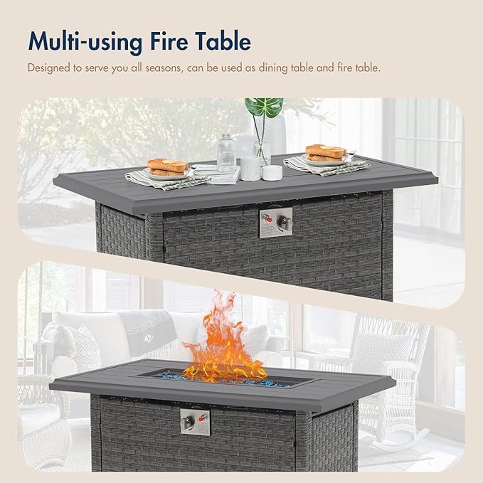 SUNSITT Outdoor Fire Pit Table 43 Inch Wicker Propane Fire Pit with Aluminum Tabletop 50,000 BTU Gas Firepit with Fire Glass, Lid, Cover, Taupe Rattan