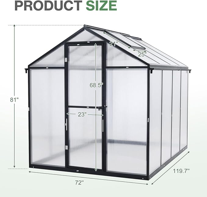 Aoodor 6 x 10 Ft Walk-in Greenhouse with Gutter, Polycarbonate and Heavy-Duty Aluminum Frame, Adjustment Skylight and Lockable 2-Sided Door for Patio, Outdoor, Yard, Lawn Use, Black