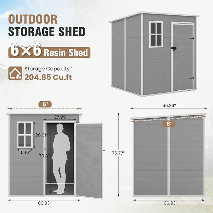 Outdoor Storage Shed, 6x6 FT Resin Shed with Floor and Lockable Door, Window & Vents, Tool Sheds & Outdoor Storage for Bike, Tools, Garden Accessories, Waterproof Grey White