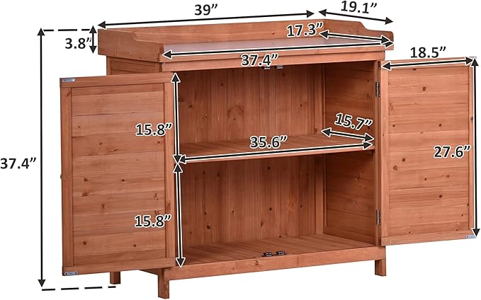 Merax Outdoor 39" Potting Bench Table, Rustic Garden Wood Workstation, Storage Cabinet with 2-Tier Shelves and Side Hook, Orange