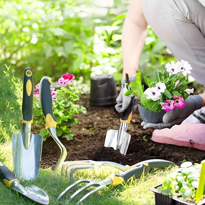 Garden Tools, 8 Piece Heavy Duty Gardening Tools Set with Non-Slip Rubber Grip, Stainless Steel Garden Tool, Gifts for Kids, Women, Husbands, and Parents