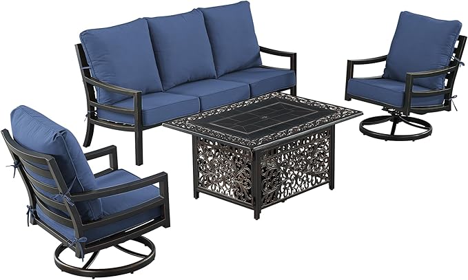 Oakland Living Black Aluminum Patio Fire Table Set with Deep Seating Sofa with Cushions and Two Club Chairs with Blue Cushions