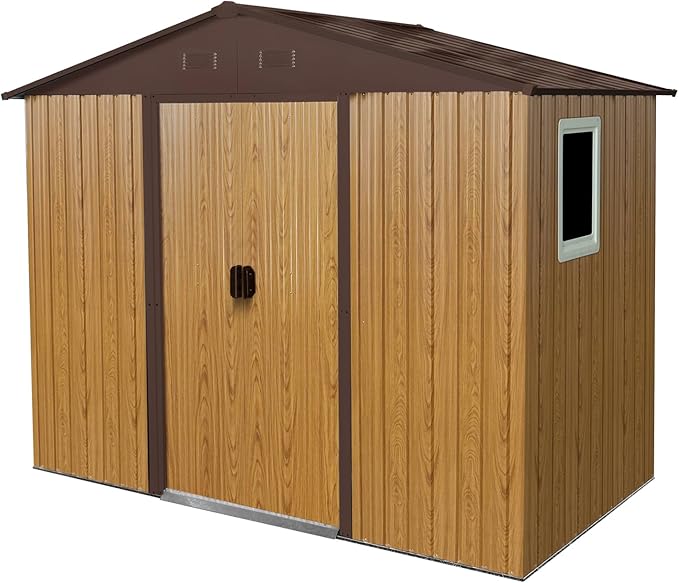 Outdoor Storage Shed, 8x4ft Metal Storage Shed with Window and Metal Foundation, Lockable Sliding Door, All Weather Tilted Roof Tool Shed with Vents, for Backyard, Patio, Lawn