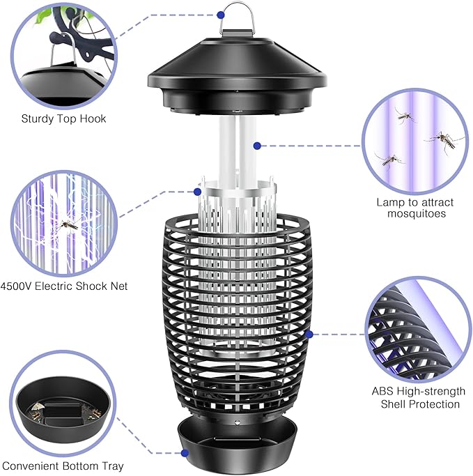 PALONE Electric Bug Zapper Outdoor, 20W Electirc Fly Zapper Indoor with Sturdy Top Hook, 4500V Mosquito Zapper Indoor with 3.9ft PVC Wire, Waterproof Bug Zapper for Outdoor, Garden, Bedroom