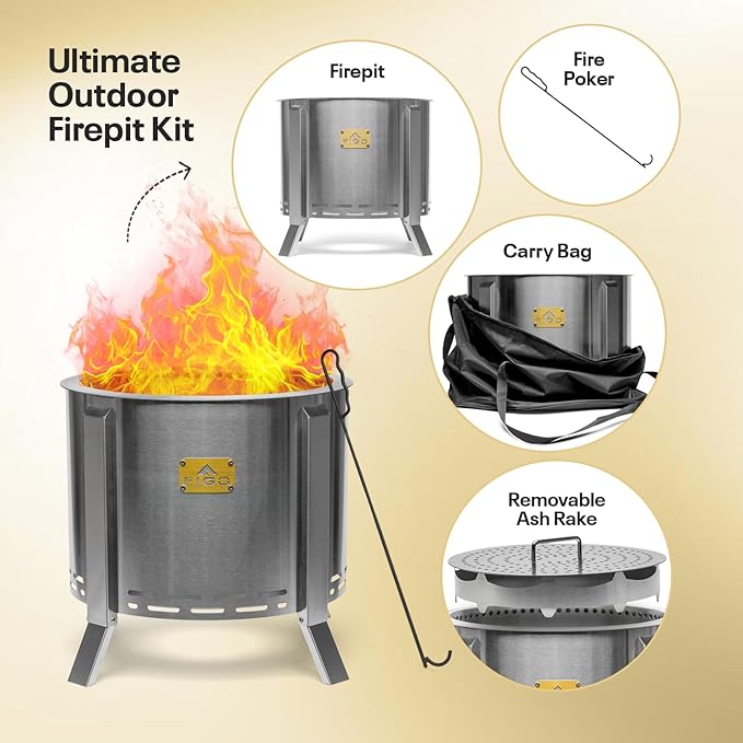 Smokeless Firepit - 18 Inch - Stainless Steel Fire Pit - Wood Fire Pits for Outside with Stand, Removable Ash Rake, Fire Poker & Fire Pit Cover - Smokeless Firepit for Outside, Bonfire, BBQ, Backyard