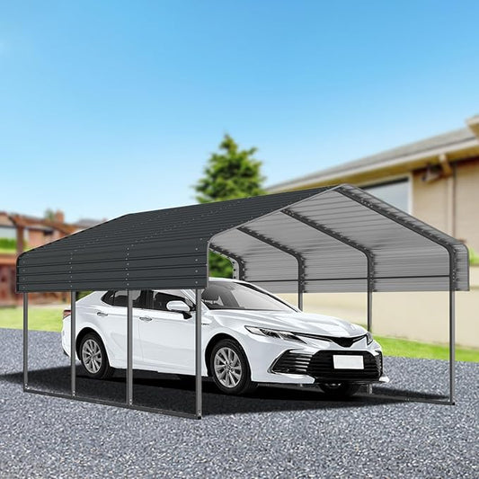 10x15 FT Metal Carport, Heavy Duty Car Port Canopy with Galvanized Steel Roof & Frame, Large Metal Carport Kit, Outdoor Car Garage, Steel Car Shelter for Car, Boat, Truck, Black