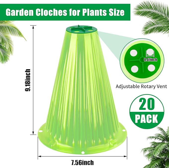 UQM 20 Pack Garden Cloches for Plants, Reusable Bell Plant Protector with Rotary Vent Cover, Garden Protection from Animals Snails Birds Chickens Insect, 9.18" H X 7.56" D (Green)