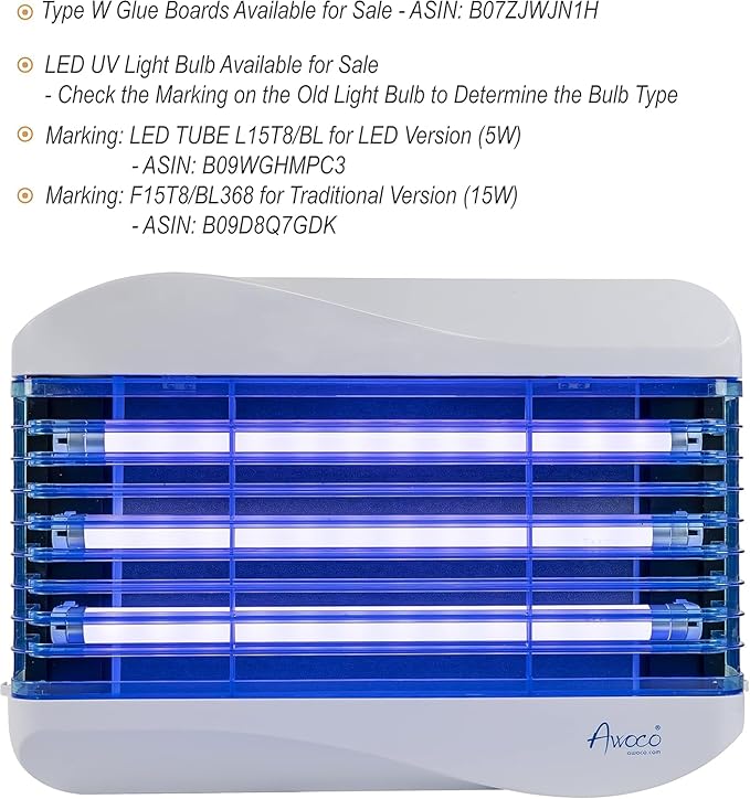 Awoco LED 15W 100V-240V Wall Mount Sticky Fly Trap Lamp XL 78” Extra Long Power Cord with 3 LED UV Lights for Capturing Flies, Mosquitoes, Moths and Flying Insects (Fly Trap XL + 6 Glue Boards)