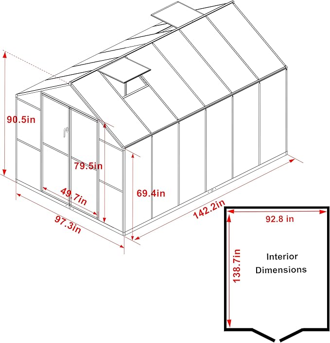 VEIKOU 8x12 FT Polycarbonate Greenhouse for Outdoors, Outdoor Greenhouse Kit with 2 Adjustable Vents, Riveted Structure, Aluminum Frame, Walk-in Green House for Backyard, Garden, Gray
