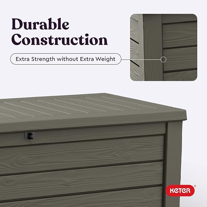 Keter Westwood 150 Gallon Resin Large Outdoor Storage Box for Patio Furniture, Outdoor Cushions, Garden Tools and Pool Floats, Mossy Brown