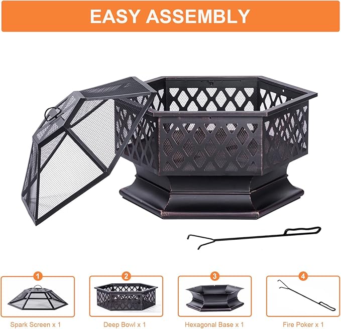 33 Inch Outdoor Fire Pit, Hexagon Shaped Wood Burning Firepit for Outside Bonfire, Patio, Backyard and Camping (Antique Bronze)