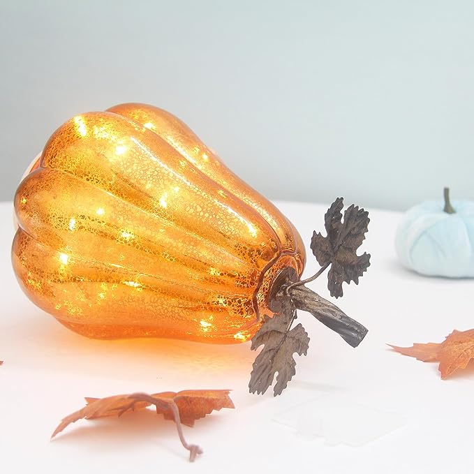 Mercury Glass Pumpkin Lights with Timer, Battery Operated Led Pumpkin Lights for Halloween Fall,Thanksgiving Rustic Decor (Gold Leafy, 9")