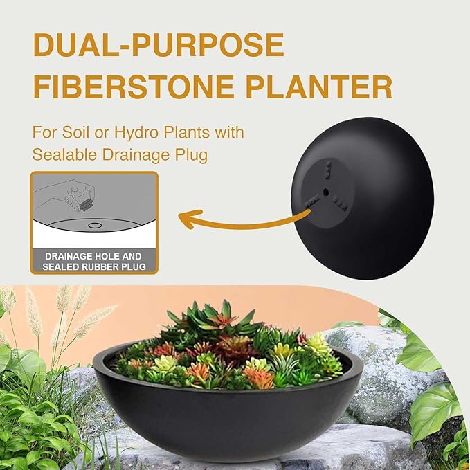 7.7" H x 22" D Round Bowl Fiberstone Planter for Succulent and Lotus, Drainage Hole, Weather Resistant for Indoor and Outdoor Use, Included 2 Extra Coco Mats (Black, 19.9" Pot Opening)