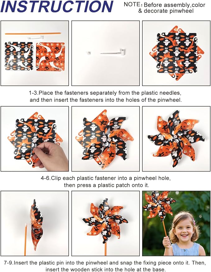 10 Pack 15.35 lnches Windmill Outdoor Halloween Decorations Applied to Lawn, Yard, Garden, Farm ，As Well As Decor Indoor Pinwheels Toy - Orange Black Wind Spinners（Bats/Pumpkin/Skull）
