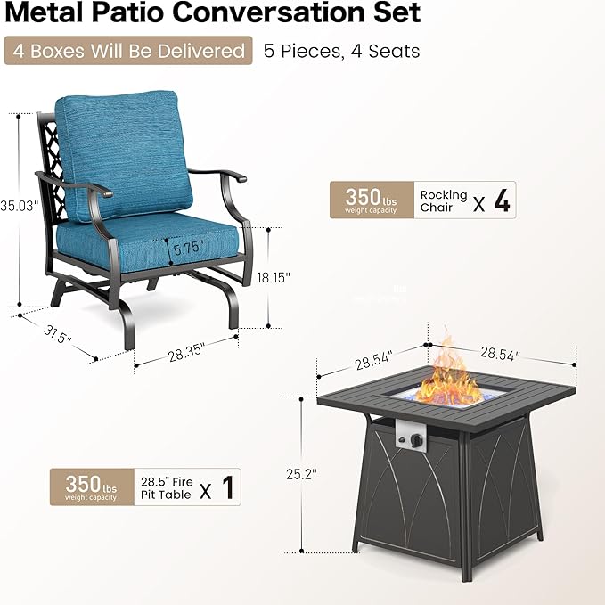 5 Piece Metal Outdoor Patio Furniture Set with Fire Pit Table, Patio Conversation Sets 4 Rocking Chairs with 5.75" Thick Cushion and 5000 BTU Fire Pit Table, Backyard Furniture, Blue-2