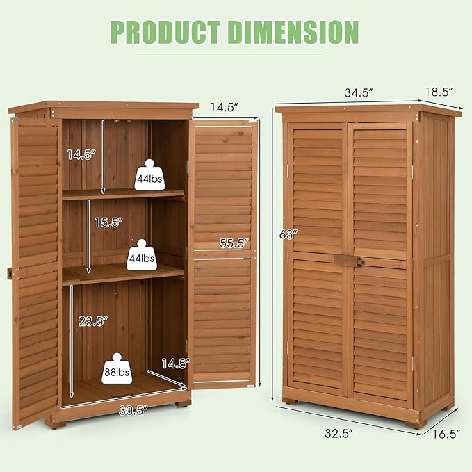 Goplus Outdoor Storage Cabinet, Wooden Storage Shed with Latch, Detachable Shelves & Weather Resistant Pitch Roof, Vertical Garden Tool Organizer for Outside Yard Patio Deck