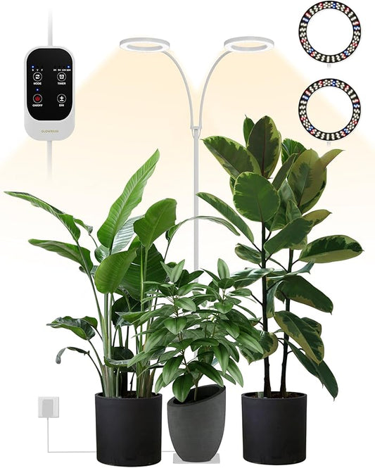 GLOWRIUM 48W LED Dual-Head Grow Light for Indoor Plants, 23.5-71" Adjustable Height, 3-Growing Full Spectrum for Tall Plant Light, 3/9/12/16H Timer, 6-Level Dimming, Ideal for Large Tall Plants