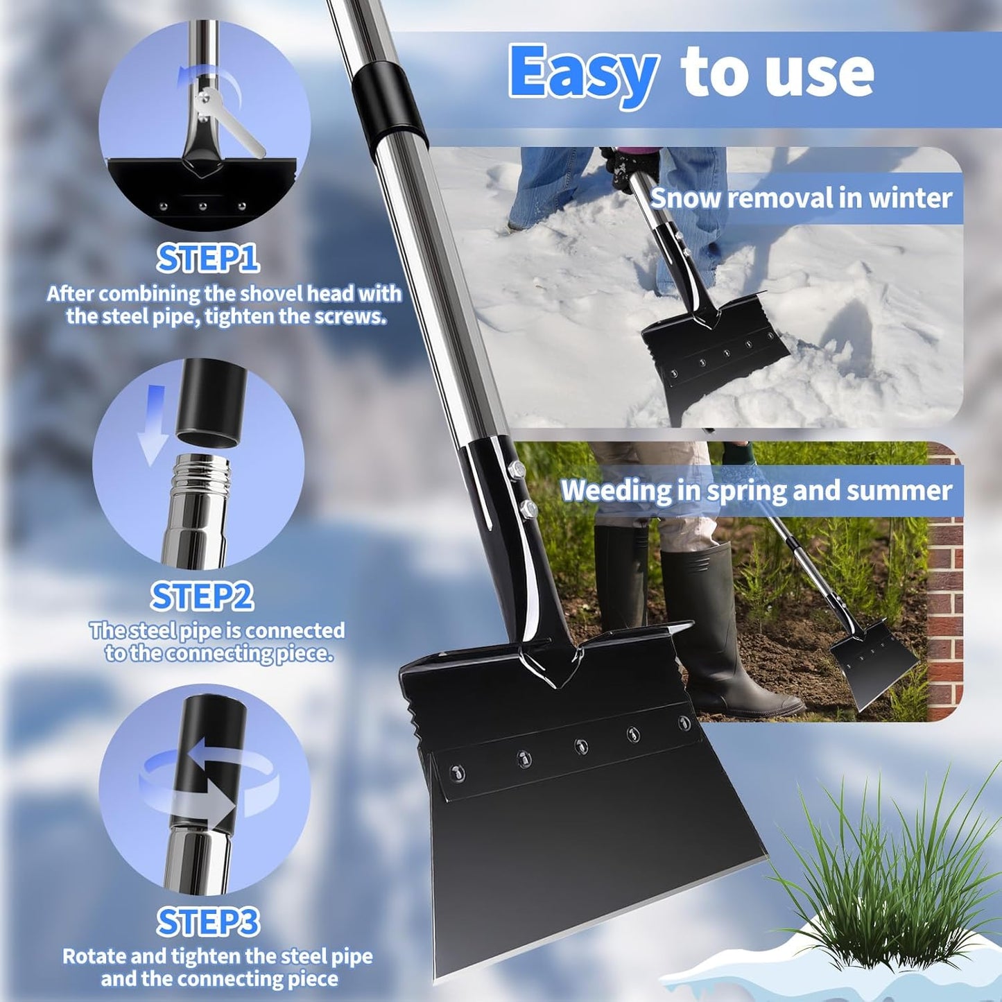Garden Flat Shovel Weeding Tool 53-inch Multifunctional Cleaning Shovels Heavy Duty Floor Scrapers Long Handle, Weeding Scraper for Road Outdoor Driveway Lawn Edging, Ice Scraper, Snow Shovel Tool