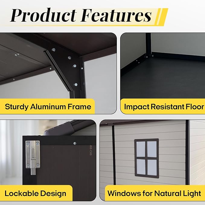 8x8 FT Resin Storage Sheds Outdoor with Floor Included, Plastic Sheds & Outdoor Storage Clearance with 2 Windows and Lockable Door, Backyard Storage Sheds for Garden Tools, Bike, Brown+White